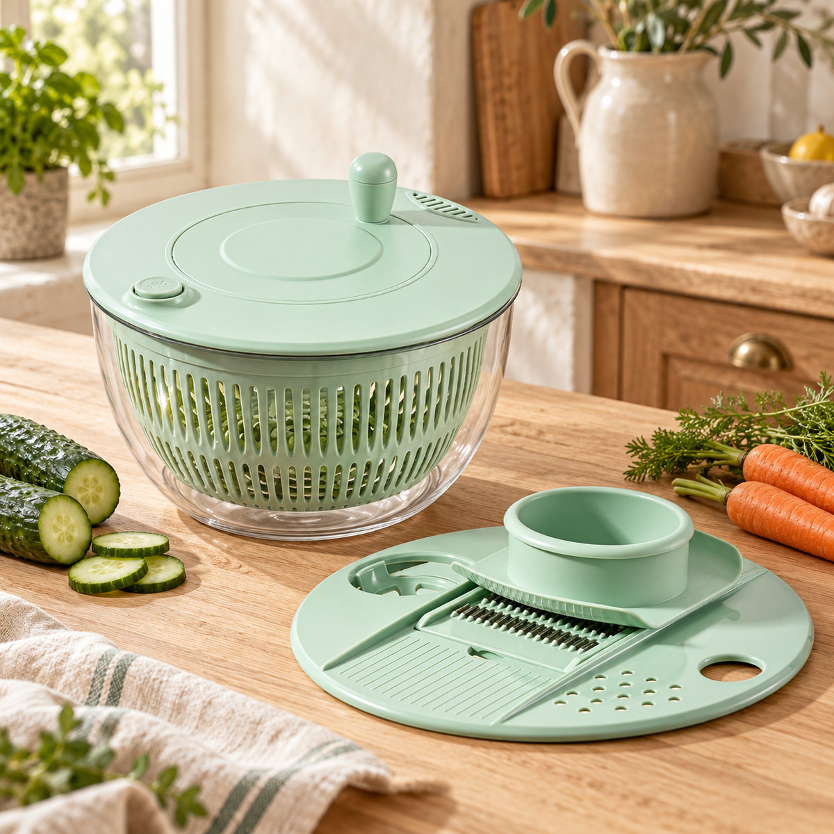 A smart kitchen bowl combining vegetable grating and draining in one compact design.