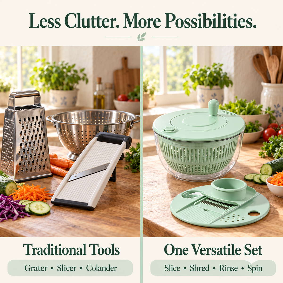 A smart kitchen bowl combining vegetable grating and draining in one compact design.