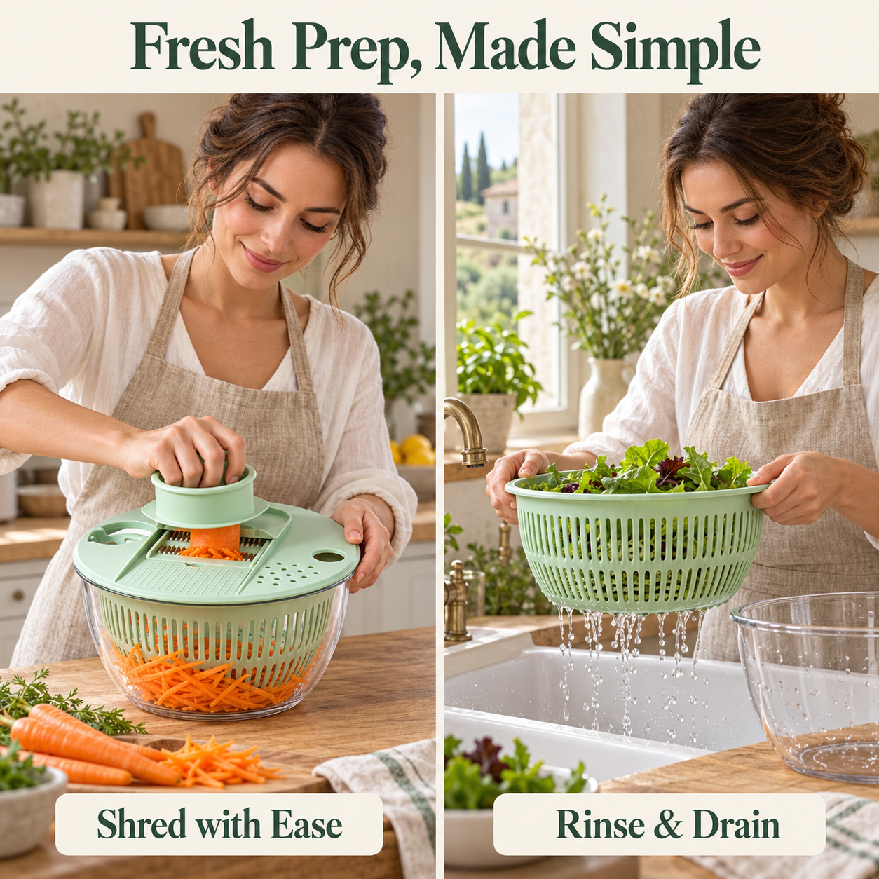 A woman shreds carrots into the bowl and drains leafy greens in the removable basket